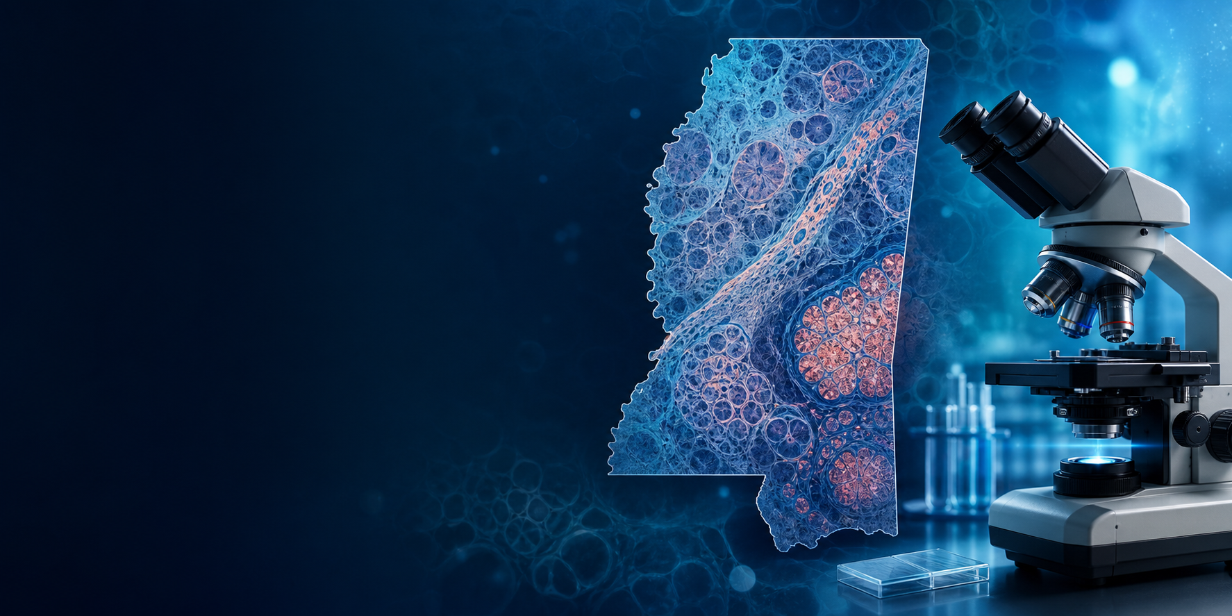 Mississippi silhouette formed from histology imagery beside a laboratory microscope